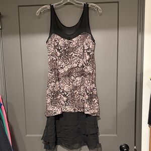 Kensie Black and Gray Printed Mesh Yoke Layered Dress